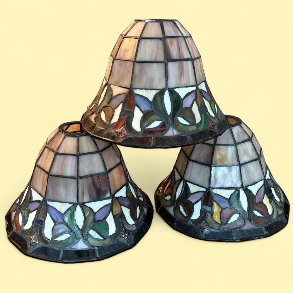Vintage Tiffany Style Multcolored Art Deco Set of 3 Stained Glass Lamp Shades